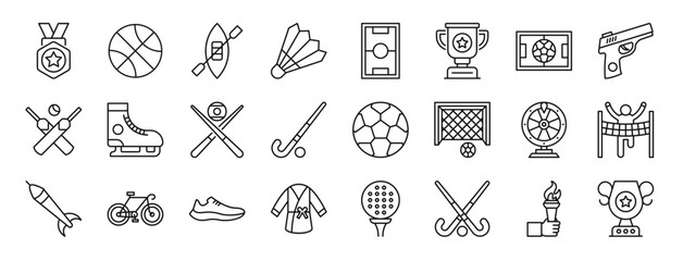 set of 24 outline web sports and awards icons such as medal, basketball, rafting, birdie, game field, trophy, soccer field vector icons for report, presentation, diagram, web design, mobile app