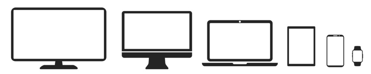 Poster - Set technology devices icon: monitor, computer, laptop, tablet, smartphone, watch icons. Mockup electronics devices monitor simple isolated - stock vector