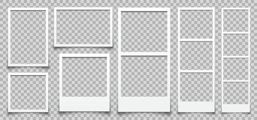 Empty white different photo frame with shadows. Set realistic photo card frame mockup - stock vector