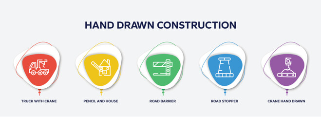 Wall Mural - infographic element template with hand drawn construction outline icons such as truck with crane, pencil and house draw, road barrier, road stopper, crane hand drawn tool vector.