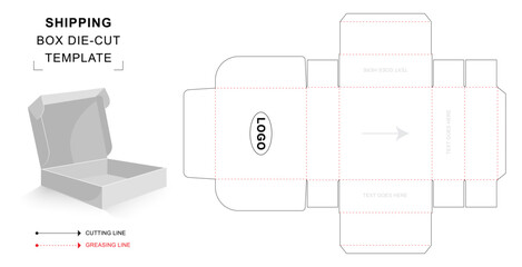 Shipping box die cut template with 3D blank vector mockup for cargo
