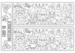 Christmas black and white find differences game for children. Attention skills activity with cute Santa Claus, deer, tree, animals and winter symbols. New Year line puzzle or coloring page for kids.