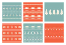 Set Of Christmas And New Year Seamless Patterns. Fair Isle Flat Knitted Pattern With Scandinavian Snowflakes, Christmas Trees And Deer For Winter Hat, Sweater, Jumper, Paper Or Other Designs.
