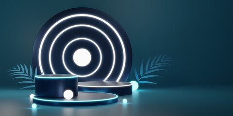 Wall Mural - 3D blue cylinder pedestal with gold ball, neon circle lighting, palm leaf on green background. Empty modern podium mockup. Abstract technology dark minimal geometric object. 3d render illustration.