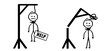 Cartoon stickman stick figure man. Vector Gallow symbol. Gallows glyph icon or logo, hang and knot, rope sign. Hangman or hangwoman noose knot. Drawing happy people.