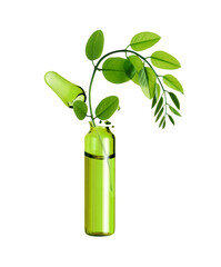 Wall Mural - Crushed medical green ampoule with leaves closeup isolated on a white background