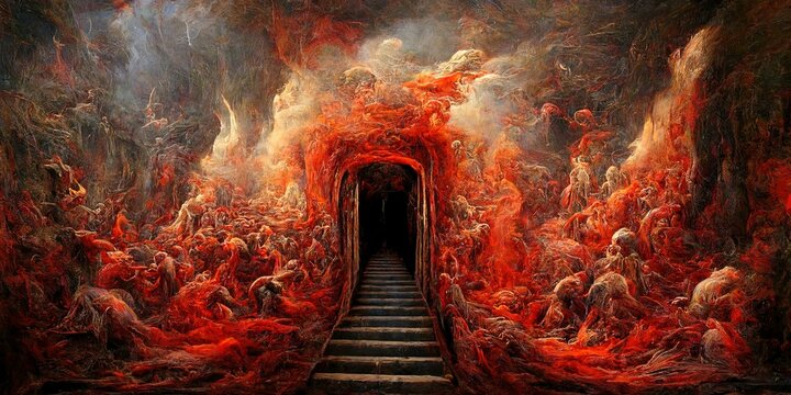 the hell inferno metaphor, souls entering to hell in mesmerize fluid motion, with hell fire and smok