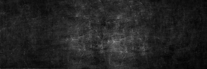 Wall Mural - Blank wide screen Real chalkboard background texture in college concept for back to school panoramic wallpaper for black friday white chalk text draw graphic. Empty surreal room wall blackboard pale.