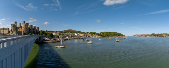 Sticker - panorama view of the Conwy Castle and bridge with the walled town and harbor behind