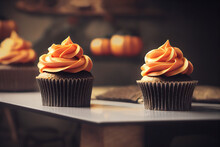 Fresh Homemade Delicious Tasty Pumpkin Spice Cream Cupcakes. Halloween And The Day Of The Dead Concept.	
