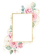 Golden frame made of pink watercolor roses flowers and green leaves, wedding and greeting illustration