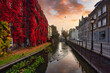 The autumn scenery of Gdansk at sunrise with a wall covered with red ivy leaves. Poland