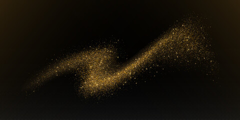 Wall Mural - Golden glitter splash, shiny star dust explosion, shimmer spray effect, festive holiday particles isolated on a dark background. Vector illustration.