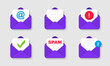 © TMvectorart - Set of mail and email envelopes. Opened envelope with a document. Letter in envelope. Incoming new message. Spam email. Envelope with approved document. Vector illustration.