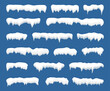 Snow caps set. White snow caps, snowball, snowdrifts, snow pile and icicles. Snowy elements on winter background. Winter elements decorations. Christmas elements. Vector illustration.