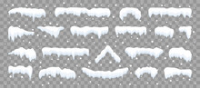 Snow Caps Set. White Snow Caps, Snowball, Snowdrifts, Snow Pile And Icicles. Snowy Elements On Winter Background. Winter Elements Decorations. Christmas Elements. Vector Illustration.
