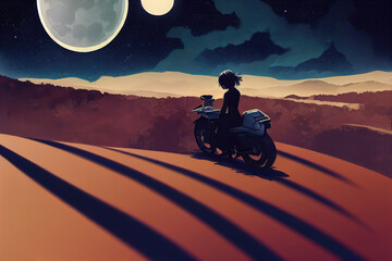 Wall Mural - manga girl on a motorcycle standing in a sci fi desert, anime art