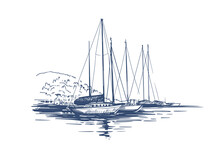 Yachts On The Water. Hand Drawn Vector Sketch Illustration