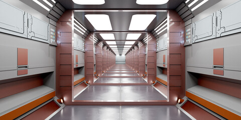 Wall Mural - 3d render. Futuristic spaceship corridor interior