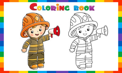 Wall Mural - Coloring Page Outline Of cartoon fireman or firefighter with a megaphone or horn. Profession. Coloring Book for kids.