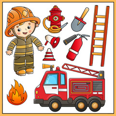 Wall Mural - Cartoon fire truck with a firefighter or fireman. Fire extinguishing means. Professional transport. Profession. Colorful vector set of illustrations for children.