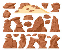 Cartoon Sand Desert Rock, Stone Canyon Landscape Elements. Western Desert Rocks View, Nature Brown Cracked Mountain Pieces Flat Vector Symbols Set. Canyon Rock Collection