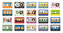 Cartoon Vintage Music Tape, Retro Style Cassettes. Stereo Mix, Analogue Player Old Tape, 80s Tape Record Flat Vector Symbols Illustration Collection. Audio 90s Music Cassette Set