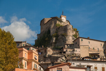 Wall Mural - Panoramic view of historic village of Subiaco and his abbey on hill top in Lazio Italy