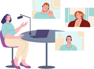 Sticker - Live stream or online translation. Business video call, girl hosting podcast. Students distance study with teacher. Internet conference vector scene