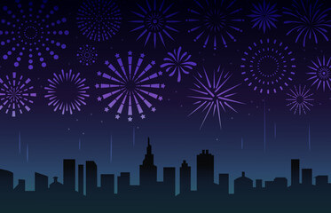 Poster - Night cityscape fireworks in dark sky. Fun city celebrating new year or anniversary. Festive color firework graphics. Neoteric festival vector landscape