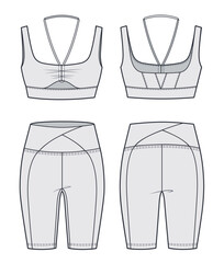 Wall Mural - Girl's sport strappy Bra and Cycling Short technical fashion Illustration. Women's Crop Top and Leggings fashion flat technical drawing template, front, back view, grey, CAD mockup set.