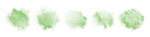 Set Of Abstract Green Watercolor Water Splash On A White Background. Vector Watercolour Texture In Salad Color. Ink Paint Brush Stain. Green Splatters Spot. Watercolor Pastel Splash