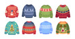 Set Of Knit Sweaters For Christmas Party. Cozy Warm Jumpers Collection With Snowman, Reindeer, Spruce And Snowflakes