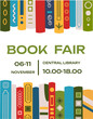 © Olena Dumanchuk - Book fair poster for advertising. Vertical poster for book fair with different books. Advertising template for bookstore,bookshop, library.