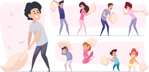 Wall Mural - Pillow fighting. Characters playing with pillows jumping and fighting on bed peoples friendship funny activity exact vector illustrations