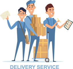 Wall Mural - Delivery service. male characters standing with post boxes for delivering. vector cartoon people