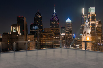 Wall Mural - Skyscrapers Cityscape Downtown, Philladelphia Skyline Buildings. Beautiful Real Estate. Night time. Empty rooftop View. Success concept.