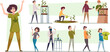© ONYXprj - Grow cannabis. Characters smoking growing baking and protest from drugs and cannabis exact vector illustrations