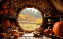 Happy Thanksgiving, Happy Halloween Cozy Rustic Wooden Log Cabin House Interior Autumn Harvest, Pumpkins, Warm Lights