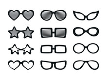 Vector Set Of Black Glasses Illustration. Photo Prop Elements, Different Fashion Glasses For Masquerade, Carnival Or Party. Collection Of Party Sunglasses Silhouettes, Heart Star Funny Shaped.