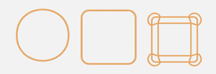 3d realistic square and round frames from ropes. Jute or hemp twisted cords with loops and knots
