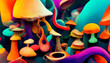 abstract colorful fluorescent neon mushrooms background, neural network generated art. Digitally generated image. Not based on any actual scene or pattern.