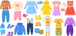 © ssstocker - Kids seasonal outfit. Baby child autumn winter spring summer clothes, children colouring clothing male pants warm jumper coat dress shirt, cartoon apparel neat vector illustration