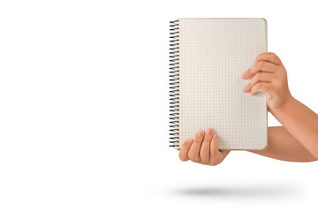 Wall Mural - Empty notepad in hand. A hand holds a blank notepad with copy space, isolated on a white background.