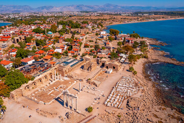 Wall Mural - Antique Apollo temple ruins of ancient Side city Antalya Turkey drone photo, aerial top view