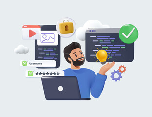 Cartoon 3D character developer, designer working on laptop. Web app development, deploy frontend, backend. Project team