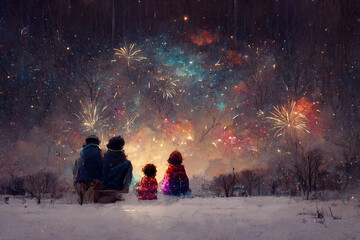 New Year holiday. Happy family, parents and children are watching fireworks. Holidays winter season. Ai generated digital art illustration