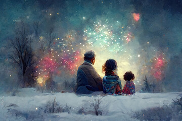 New Year holiday. Happy family, parents and children are watching fireworks. Holidays winter season. Ai generated digital art illustration