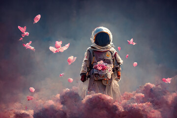 Wall Mural - beautiful painting of an astronaut in in a field of flowers on a different planet. ai generated digi