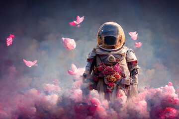 Wall Mural - beautiful painting of an astronaut in in a field of flowers on a different planet. ai generated digi